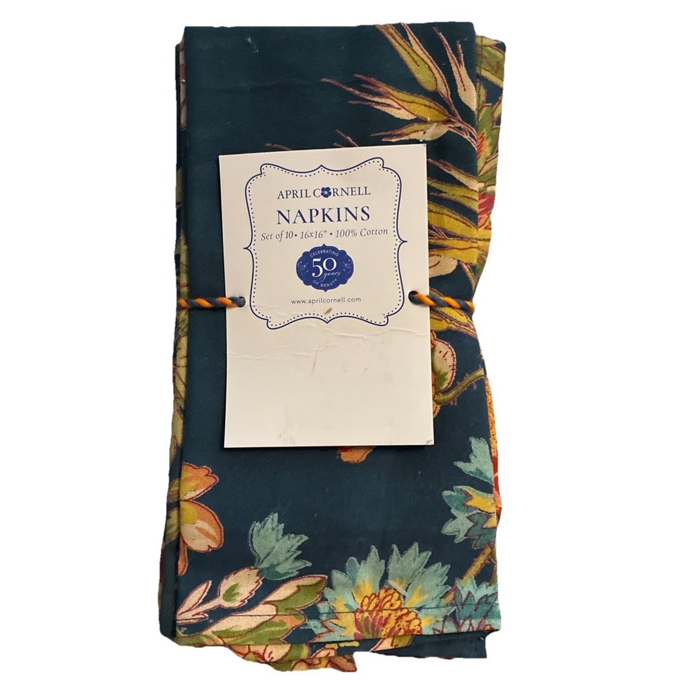 April Cornell Floral Teal Napkins Set 10 16"X16" Blue Rust Gold‎ Fall Autumn NWT